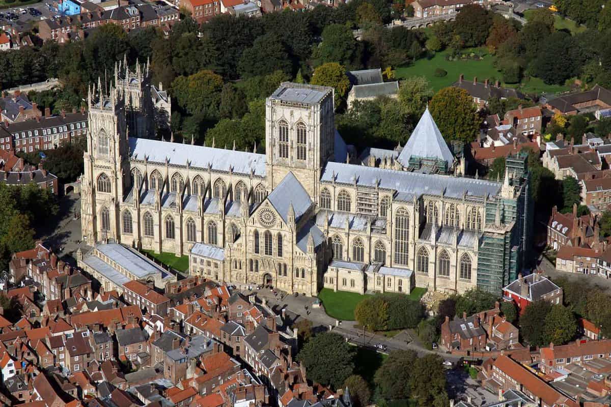 Aerial view of medieval cathedral and surrounding city