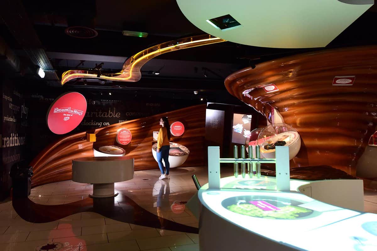 Interior of museum showing a variety of displays about chocolate