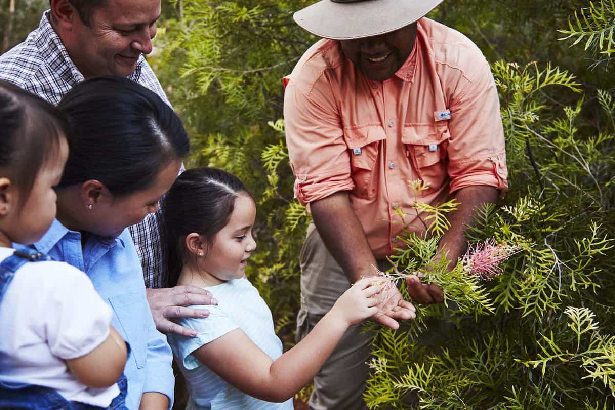 A man picking food from a plant and showing it to a family.