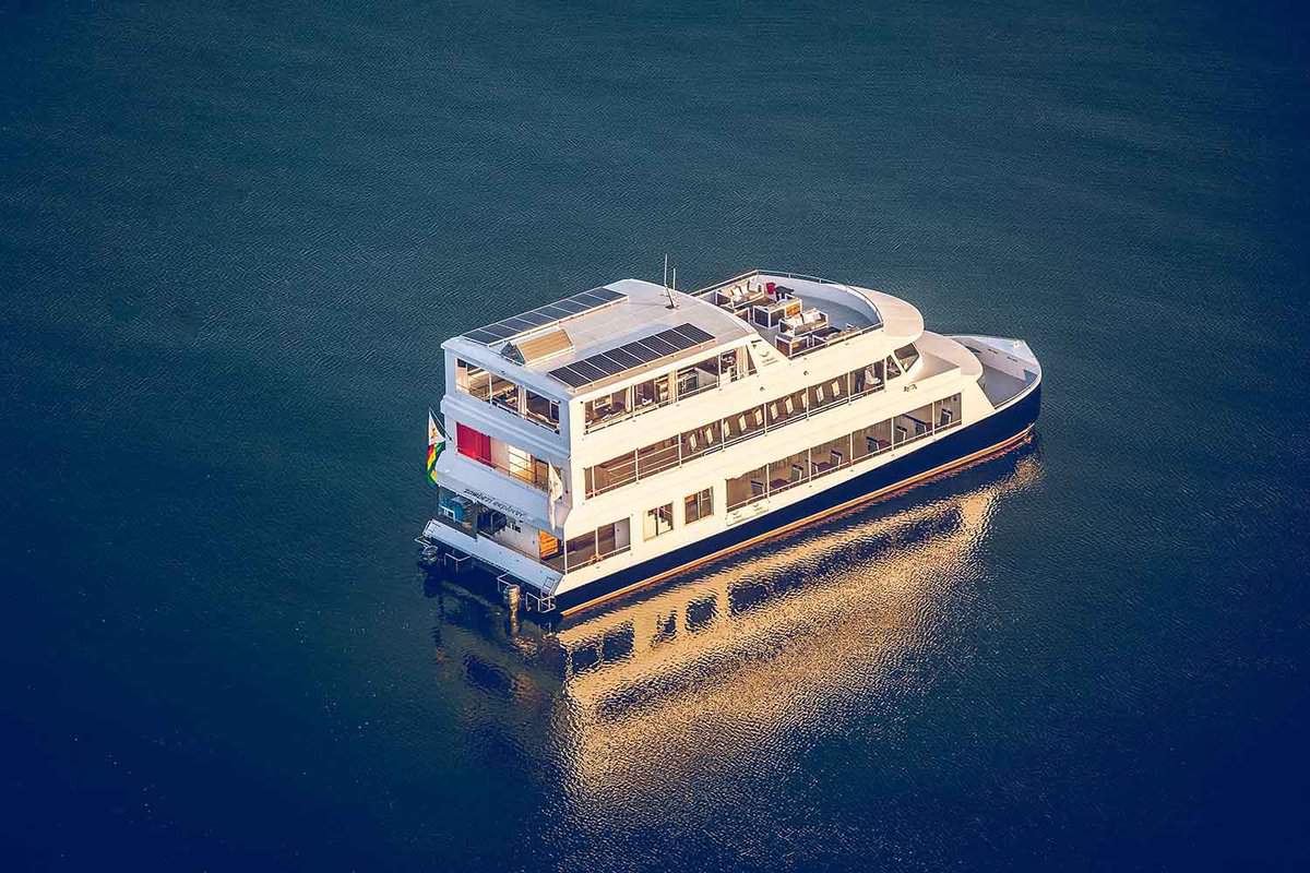 an arial shot of the cruise boat on the river Zambezi