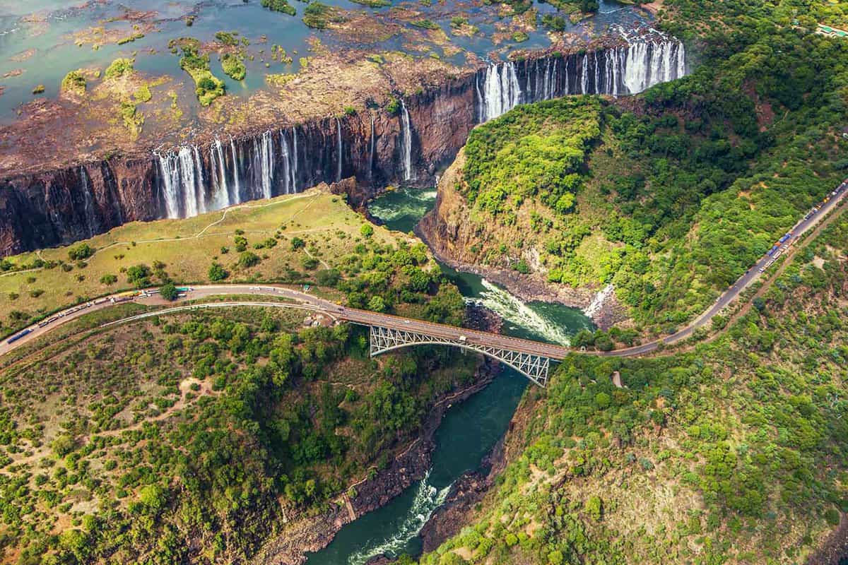 A helicopter view of the Victoria Falls