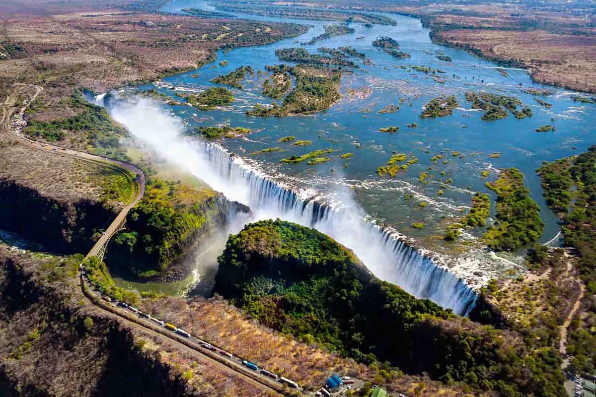 An aerial shot of the Victoria Falls