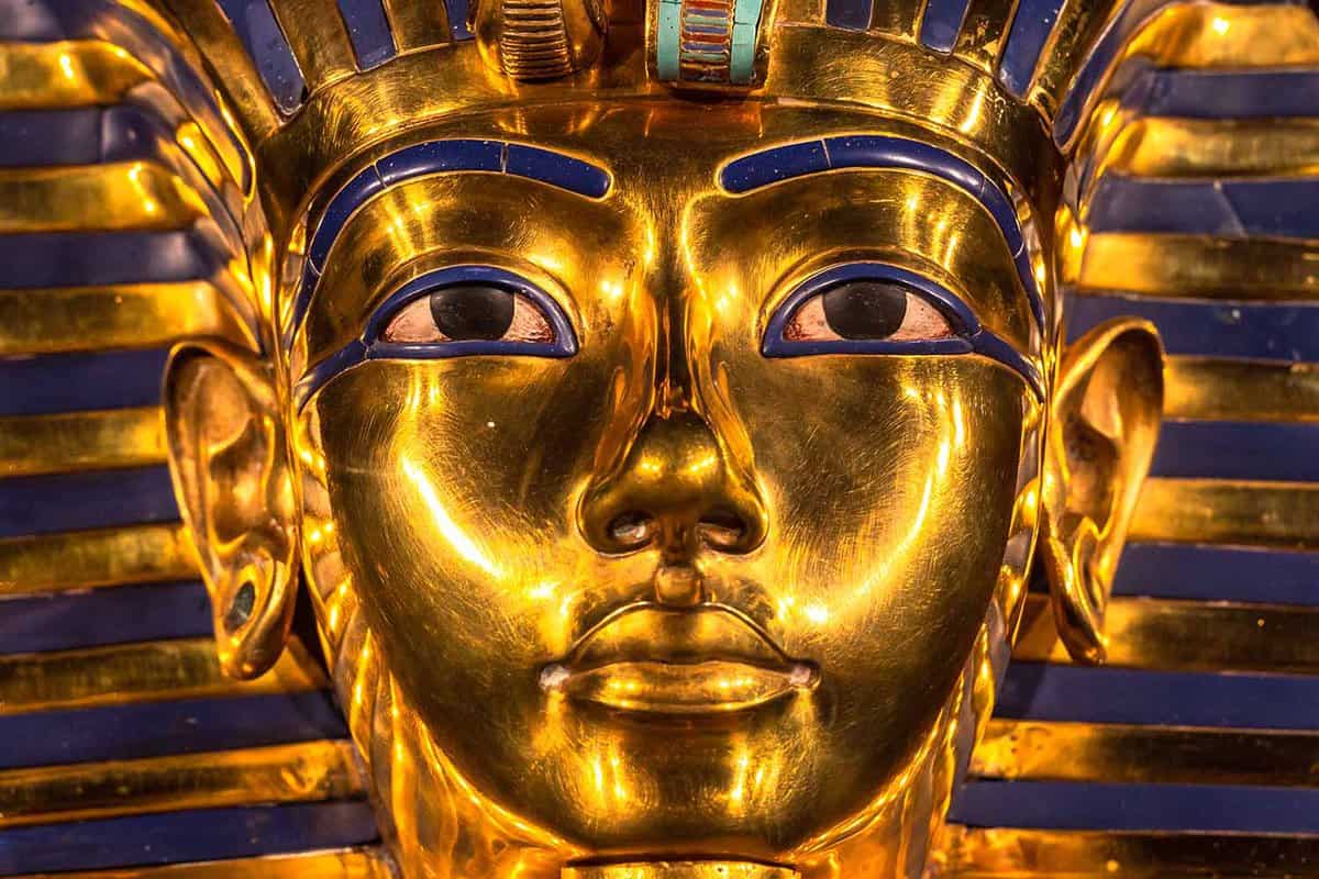 Close up of a replica of Tutankhamun's funeral mask