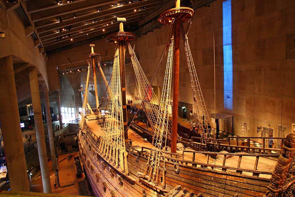 long view of the ship, lit in the musuem