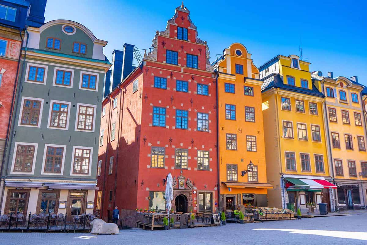 a row of colourful old buildings
