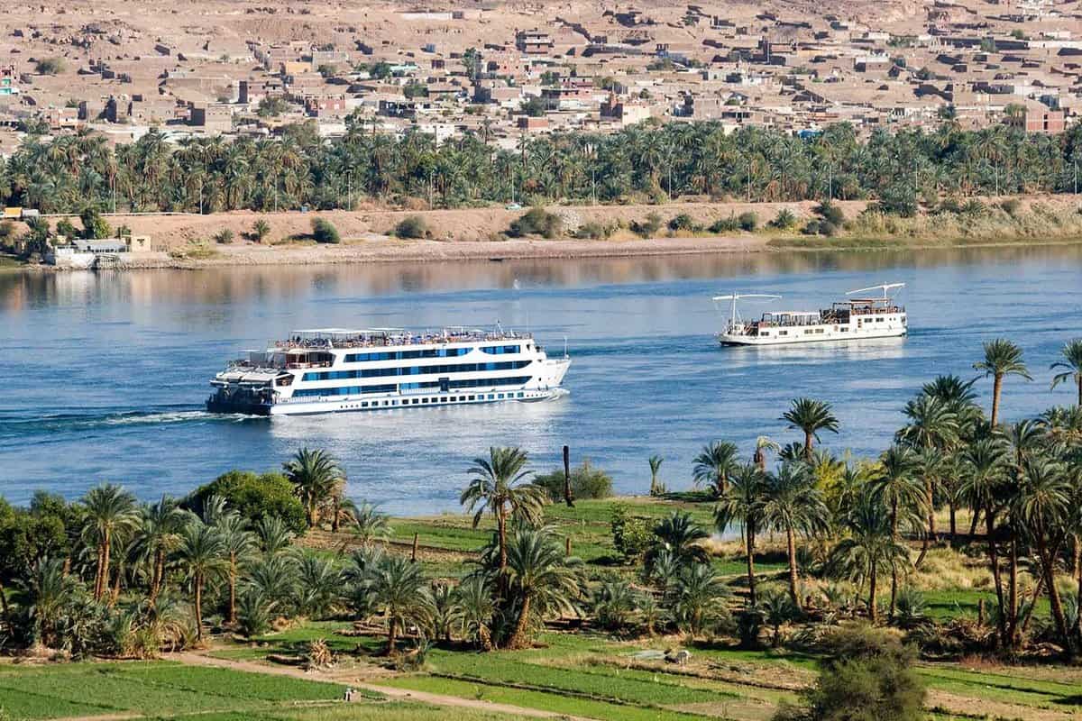 Cruise ship on Nile River, showing both banks eitherside