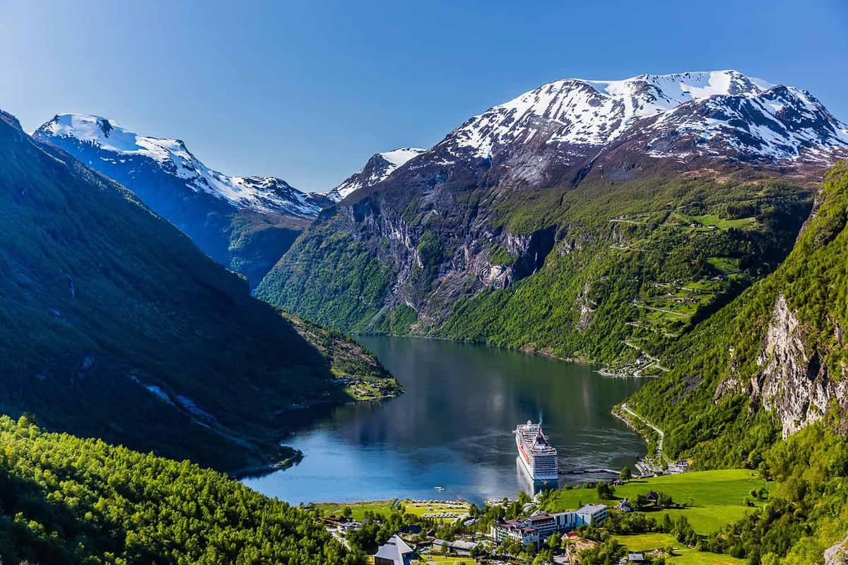 beautiful landscape of fjord and snow-capped moutains