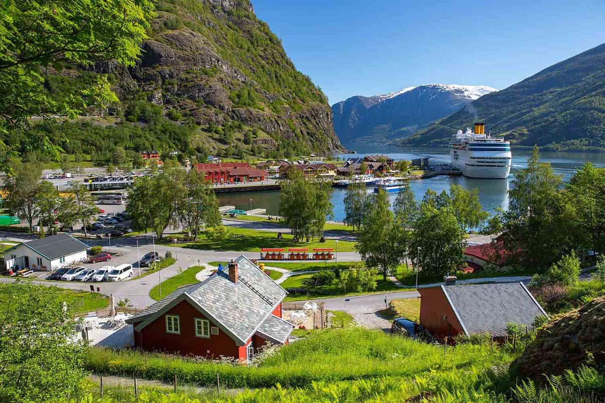 small town with fjord and cruise ship behind