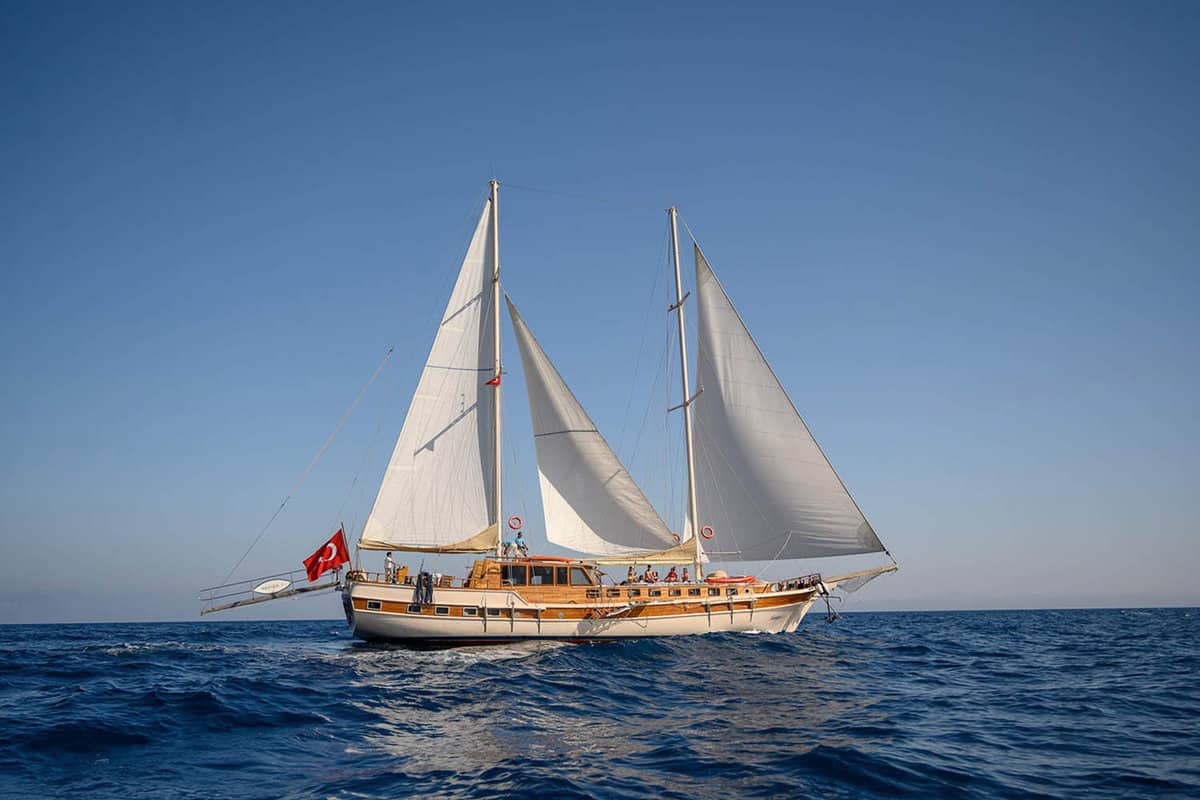 Close up of a gulet under full sail