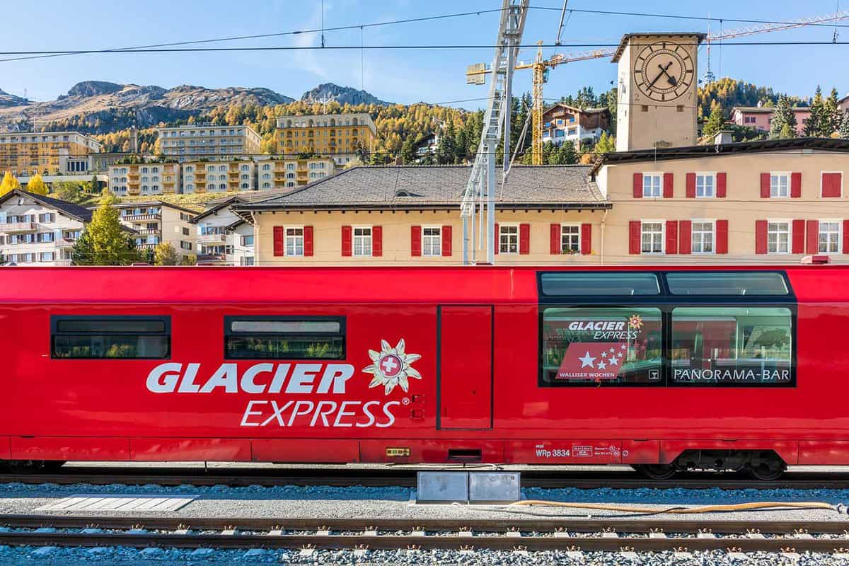 Close up of red carriage of Glacier express from Zermatt to St. Moritz in Switzerland.