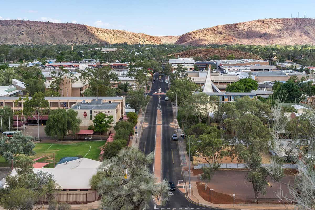 Aerial view of the town looking down the main street