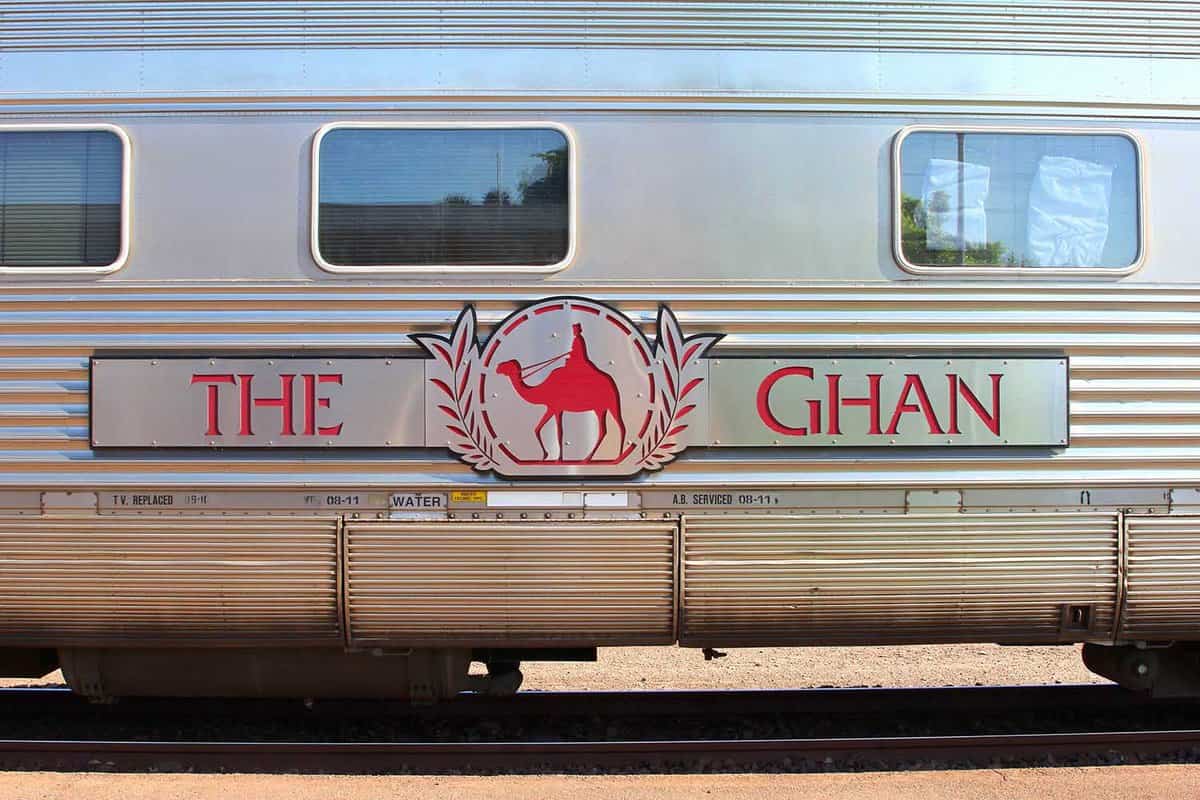 Logo of The Ghan details at a wagon of the long distance train, connecting Darwin, Katherine, Alice Springs and Adelaide through Australian Outback. .