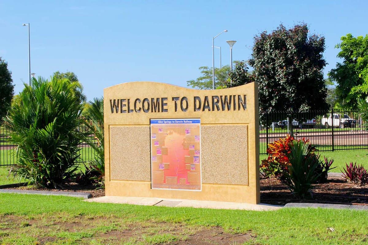Welcome to Darwin, message monument at railway station. The Ghan train connects this town in Northern Territory with Katherine, Alice Springs, Port Augusta, Adelaide.
