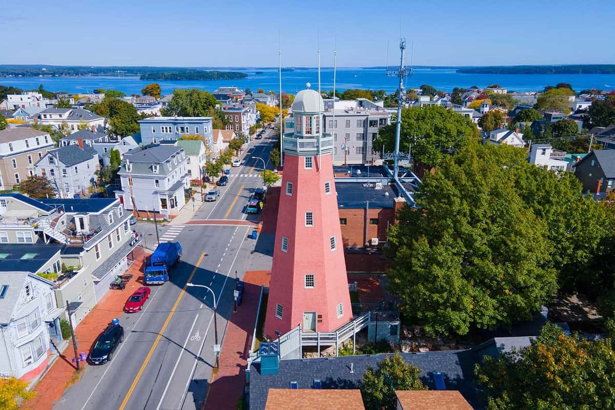 Portland Observatory aerial view at 138 Congress Street on Munjoy Hill in Portland, Maine ME, USA. This observatory is a historic maritime signal tower built in 1807.