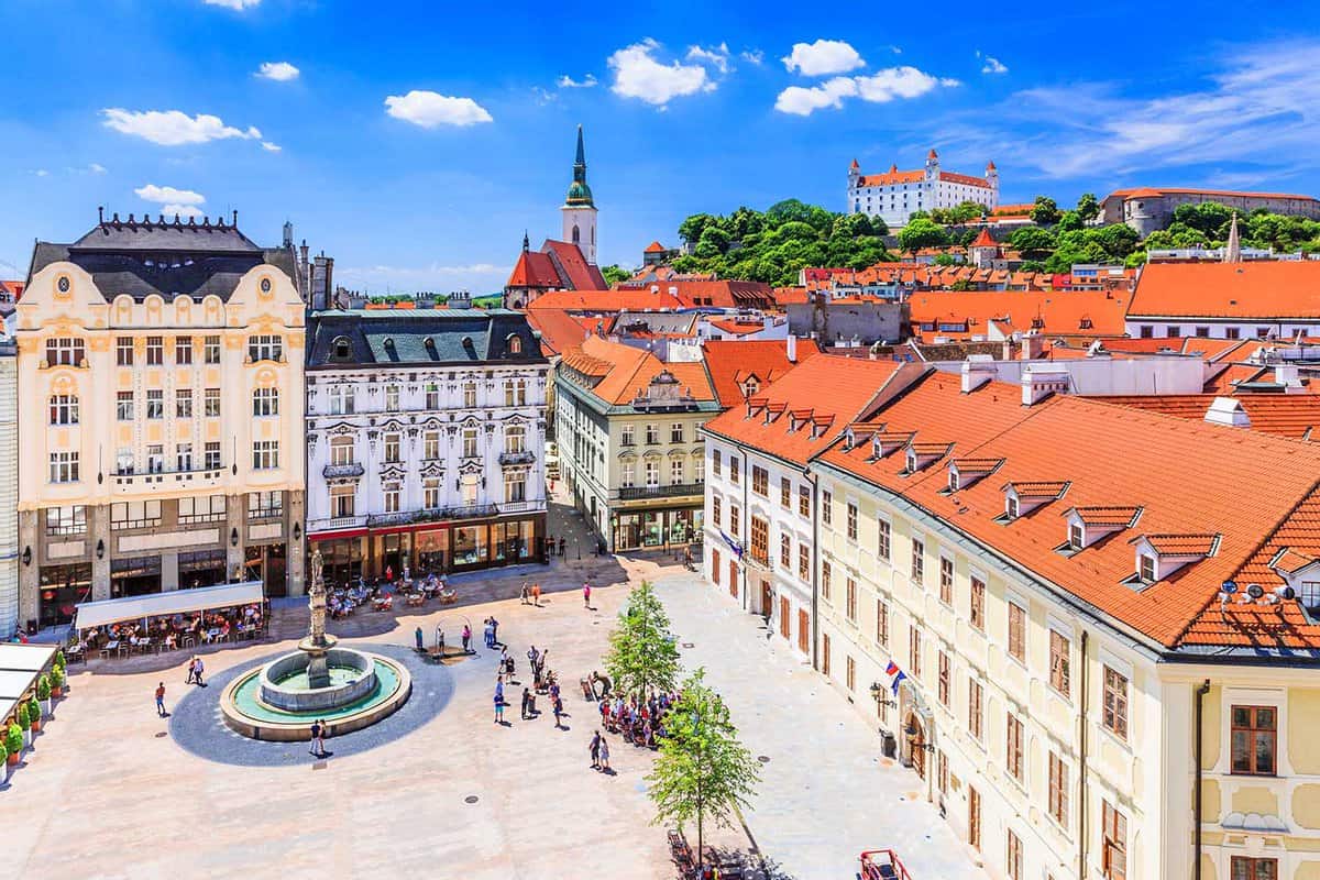 View of the Bratislava castle, main square and the St. Martin's Cathedral.