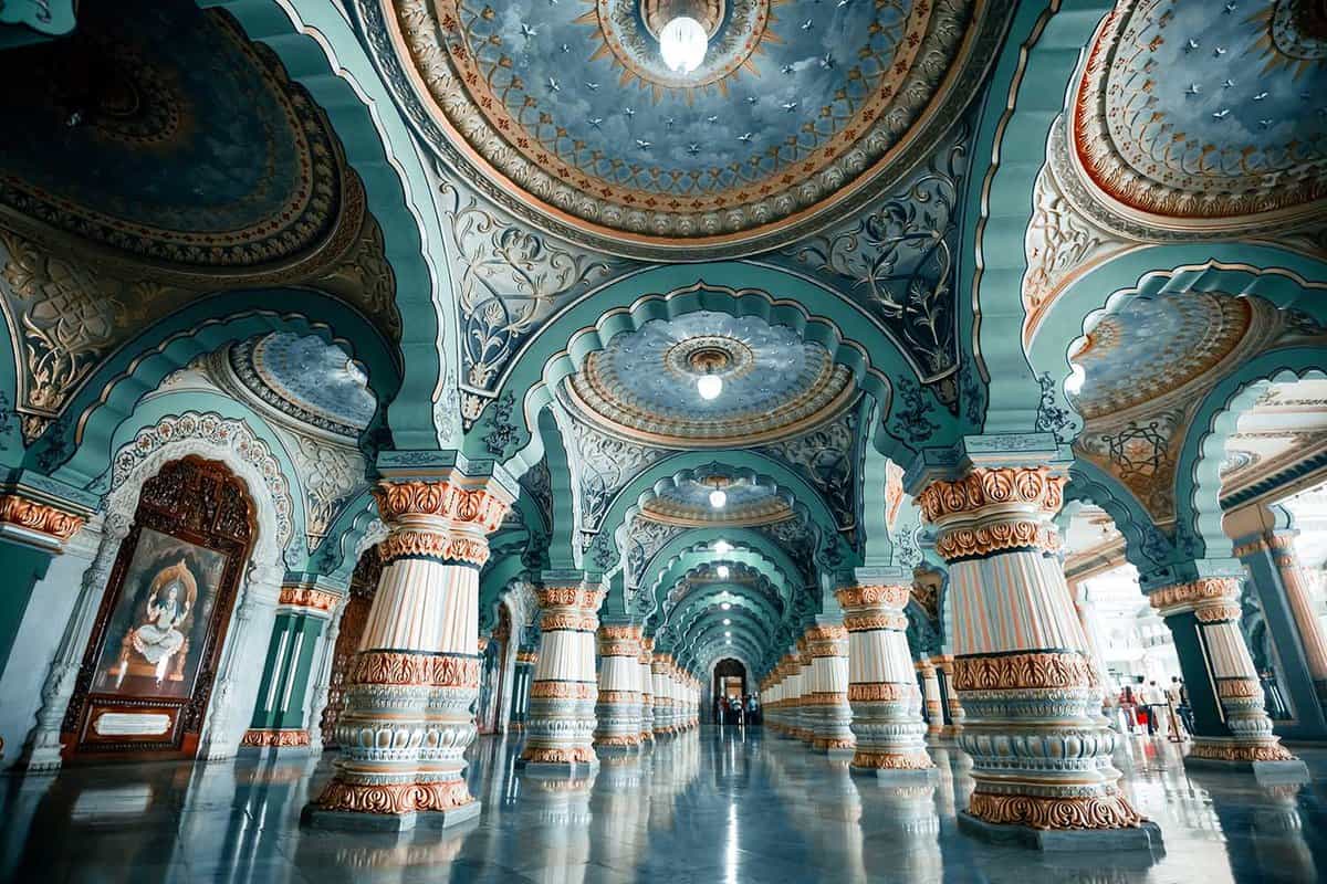 Colorful interior halls of royal Mysore Palace. Mysore Palace is a historical palace and a royal residence at Mysore in the Indian State of Karnataka.