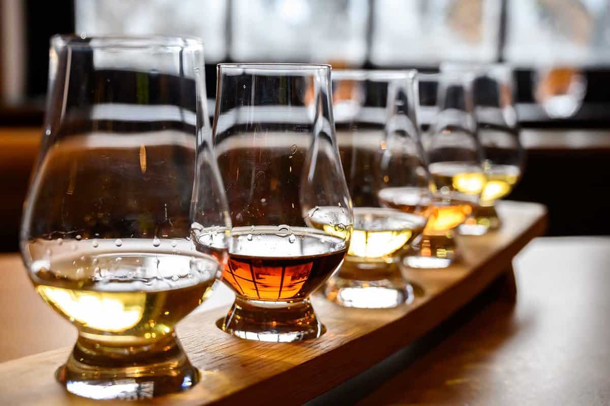 Set of Scottish whisky, tasting glasses with variety of single malts or blended whiskey spirits on distillery tour in Scotland, UK