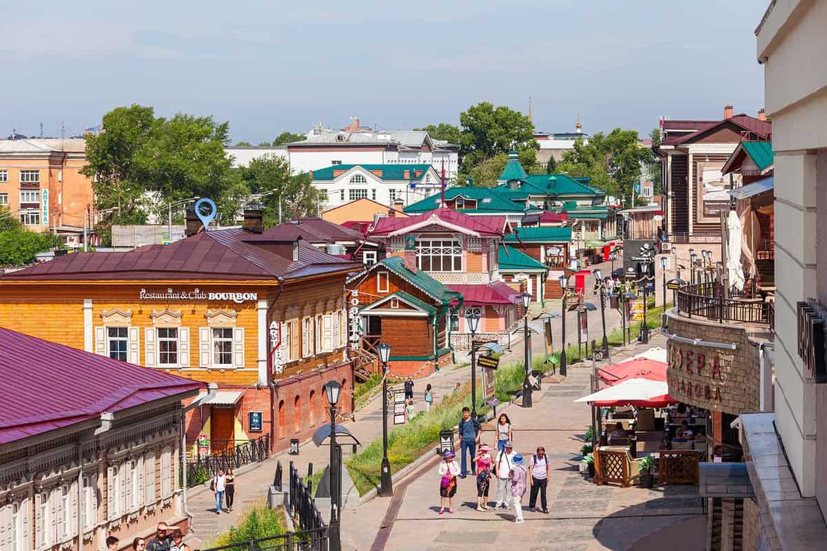 a specially created area of colourful historic buildings in the center of Irkutsk, Russia.